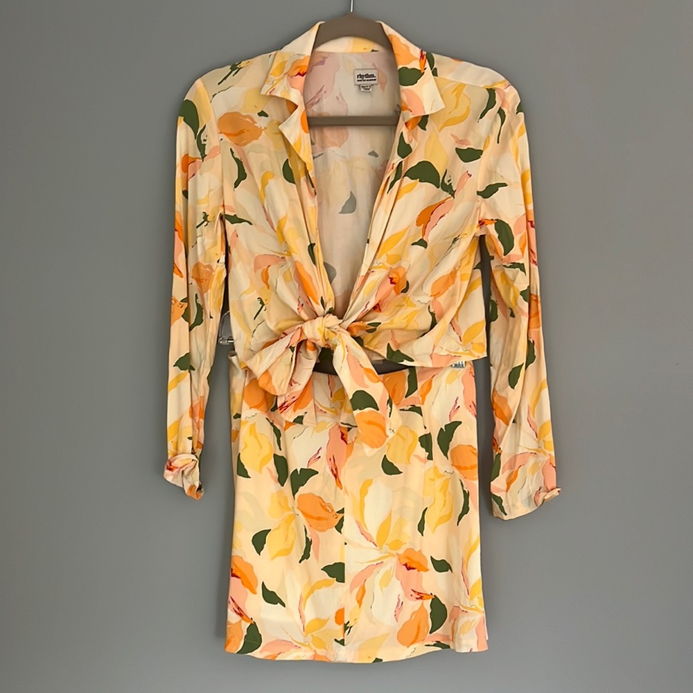 Rhythm Ivy Cream Floral Print Long Sleeve Tie-Front Crop Top (S) & Skirt (M) Set